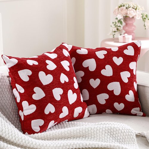 Frienda Valentine's Day Chenille Pillow Covers 18 x 18 Inch Set of 2, Valentine Red and White Hearts Pattern Decorative Throw Pillow Cases for Couch Sofa Bedroom Valentines Holiday Festival Home Decor