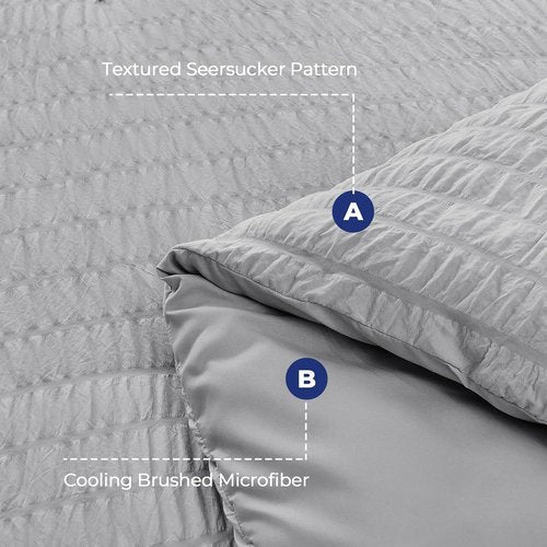 HYMOKEGE King Size Comforter Set - Luxury 7-Piece Seersucker Bedding in Light Grey for All Seasons