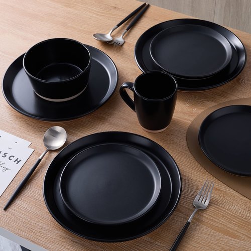 Stone Lain Jules Stoneware 16-Piece Dinnerware Set, Plates and Bowls, Service for 4, Black, Microwave & Dishwasher Safe