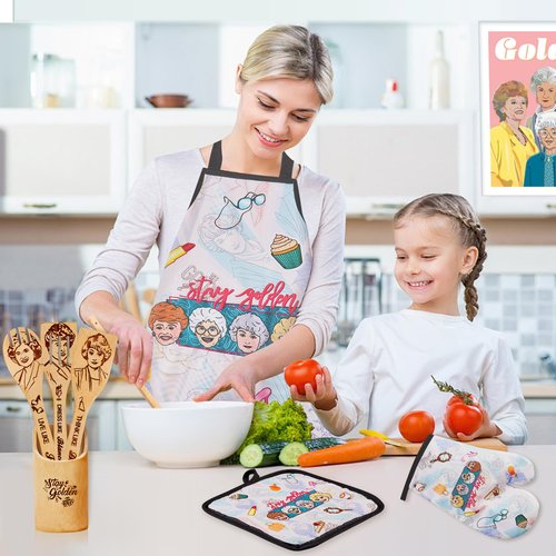 Golden Gifts for Women,Kitchen Utensils Set,Golden Wooden Cooking Spoons with Apron Oven Mitt Potholder for Fans,Great Birthday Wedding and Housewarming Christmas 8pcs