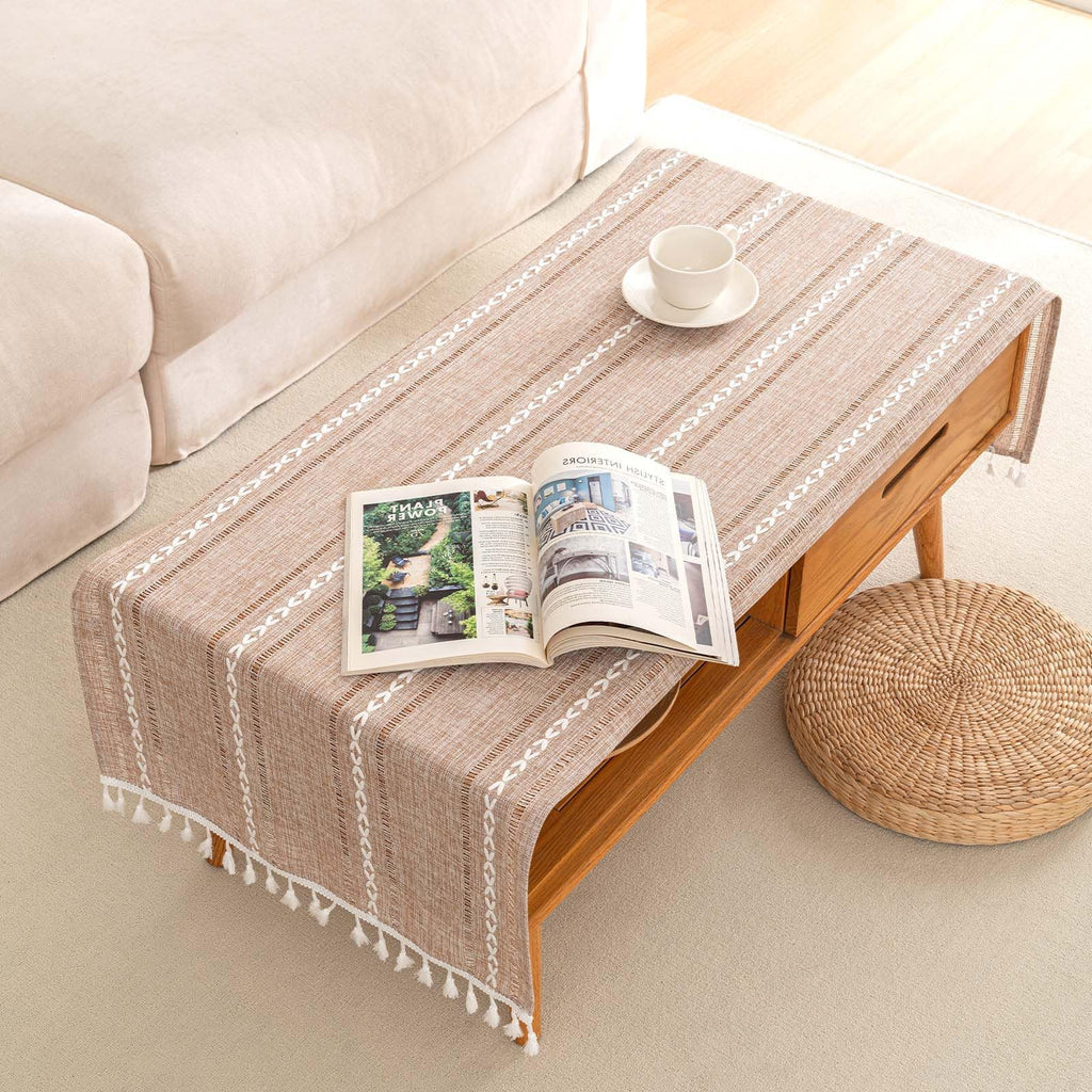 SIELUNO Linen Coffee Table Cloth, Rustic Farmhouse Coffee Table Cover for Living Room Tea Table Washer Dryer Fridge Top Dust Cover-Hollow Light Coffee-20x60inch