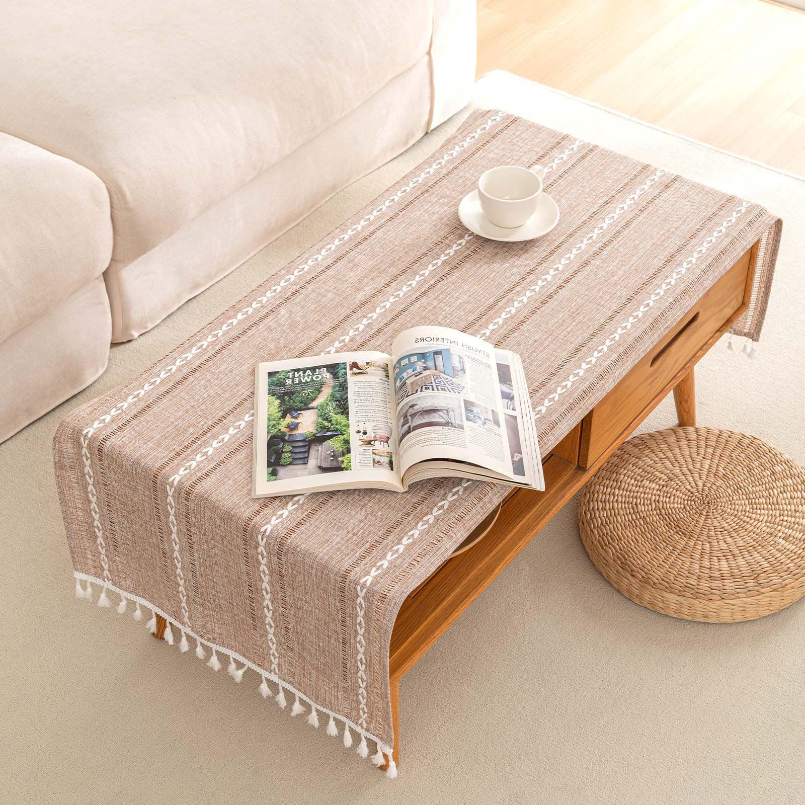 SIELUNO Linen Coffee Table Cloth, Rustic Farmhouse Coffee Table Cover for Living Room Tea Table Washer Dryer Fridge Top Dust Cover-Hollow Light Coffee-20x60inch