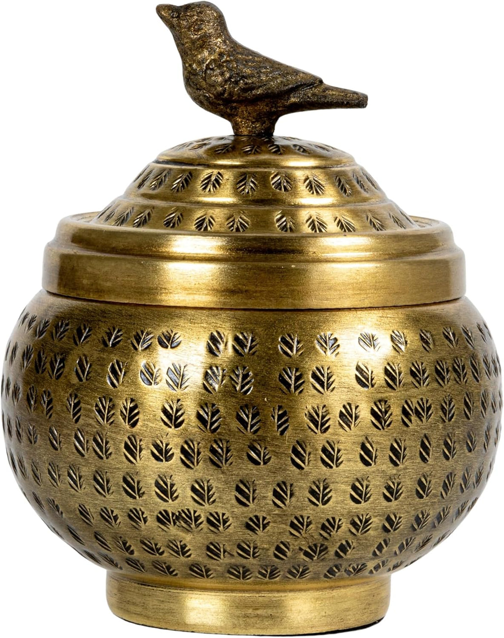 Round Hammered Metal Container - Elegant Bird Finial Design in Brass Finish