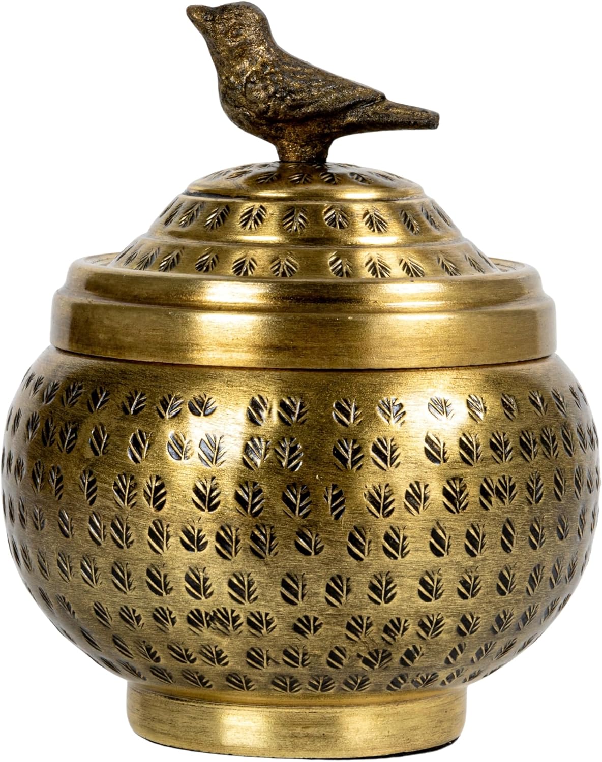 Round Hammered Metal Container - Elegant Bird Finial Design in Brass Finish