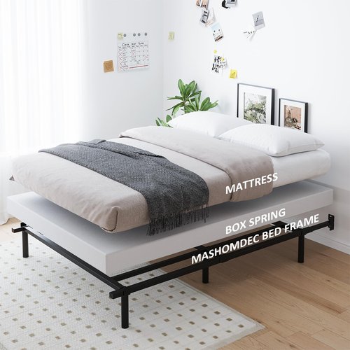 Mashomdec Queen Metal Bed Frame, 7 Inch Low Heavy Duty Platform Bed Frames Queen Size for Box Spring and Mattress, Easy Assembly, Noise-Free, Adjustable, Black