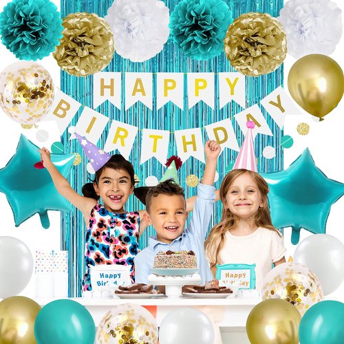 Teal Turquoise Blue and Gold Birthday Party Decorations for Women Girls with Happy Birthday Banner,Star Foil Balloons,Fringe Curtain,Circle Dots Garland,Blue Gold Latex Balloons