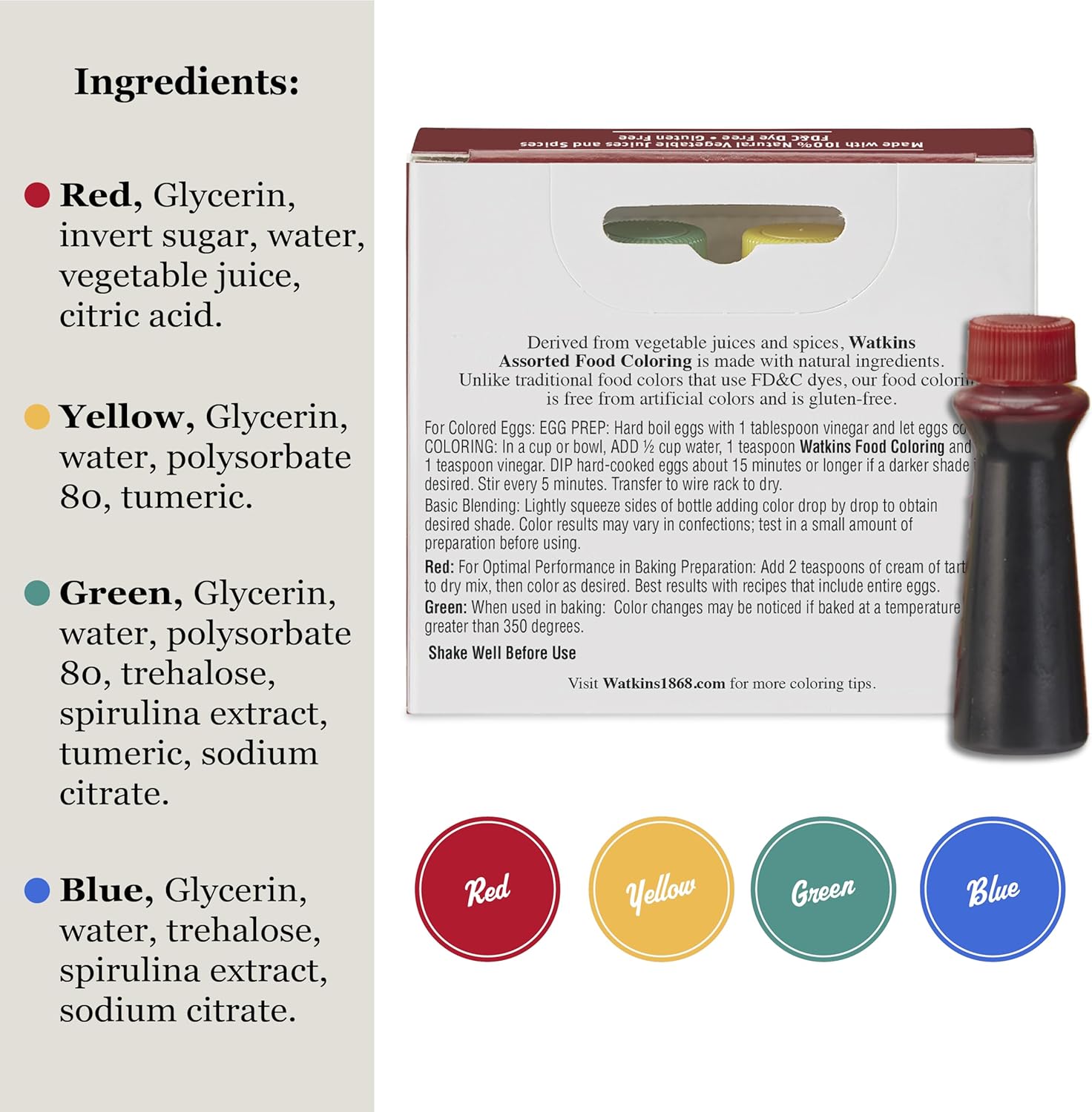 Watkins Food Coloring Set - Assorted Red, Yellow, Green, Blue | 4 x 0.3 oz Bottles