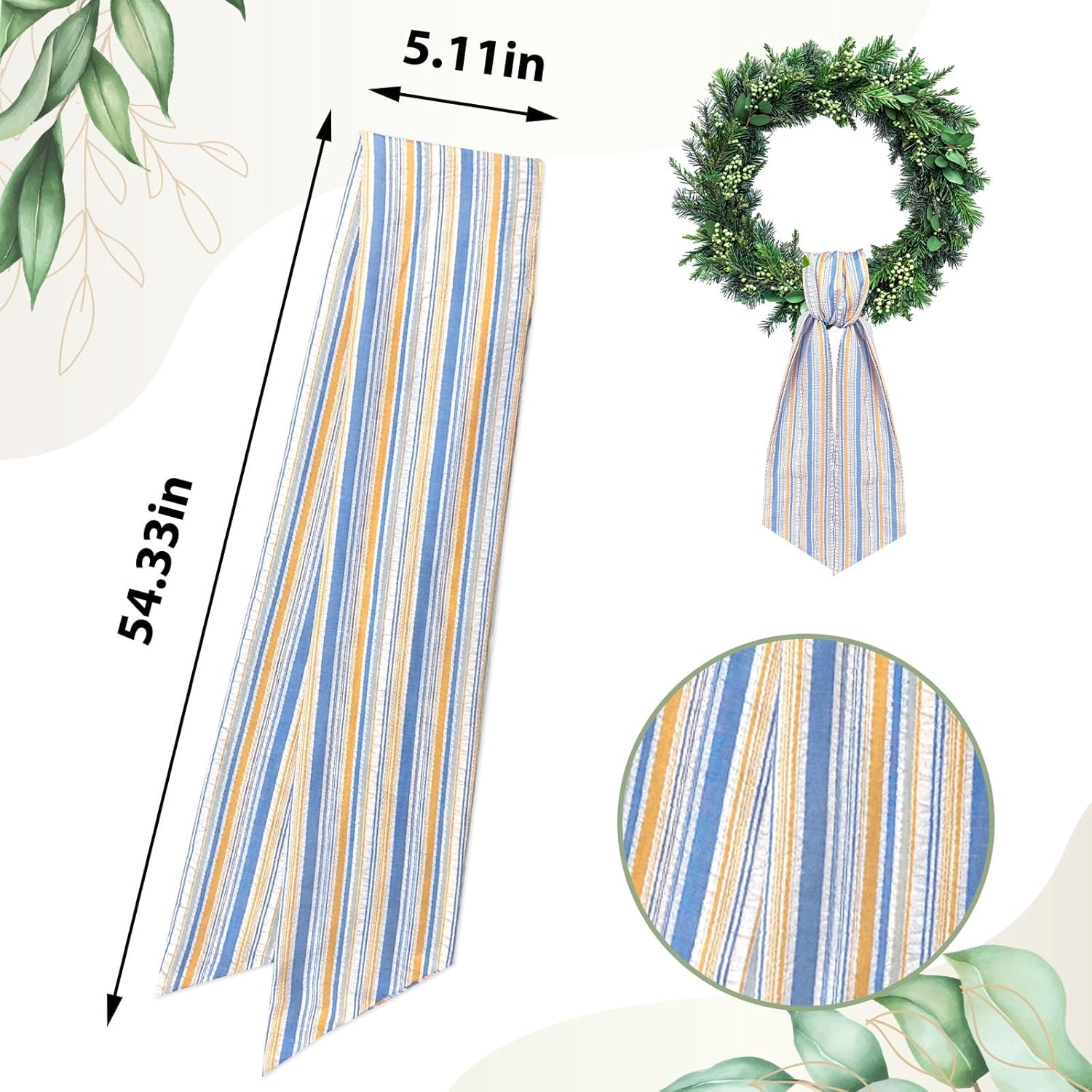 Wreath Sash for Front Door Colorful Seersucker Wreath Satin Sash Burlap Garland Ribbon Accessories for Wreath Yard Doorway Indoor Outdoor Bow Bridal Shower Home Decor,5.1 x 54.3