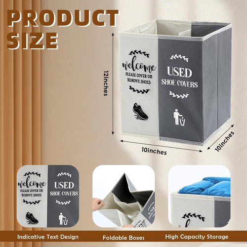 Singhoow Shoe Cover Box Dispenser Foldable Storage Bin Holder with Used Shoe Covers and Welcome Please or Remove Sign for Open House Supplies(Beige, Gray)