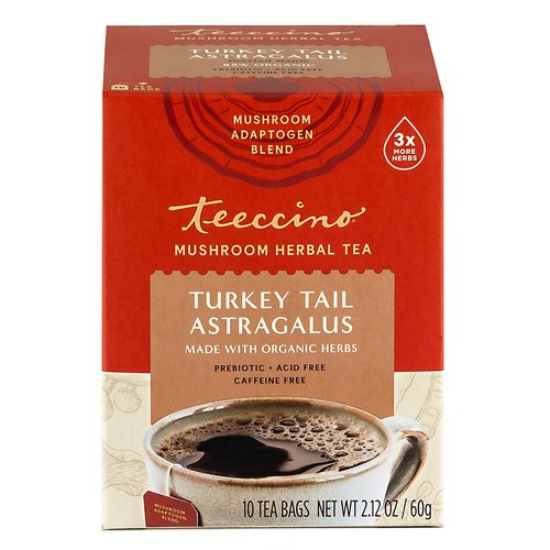 Teeccino Turkey Tail Astragalus - Toasted Maple - Caffeine Free Mushroom Adaptogenic Herbal Tea, 3x More Herbs than Regular Tea Bags, Lightly Sweet from Dates & Figs, Chicory Prebiotic - 10 Tea Bags