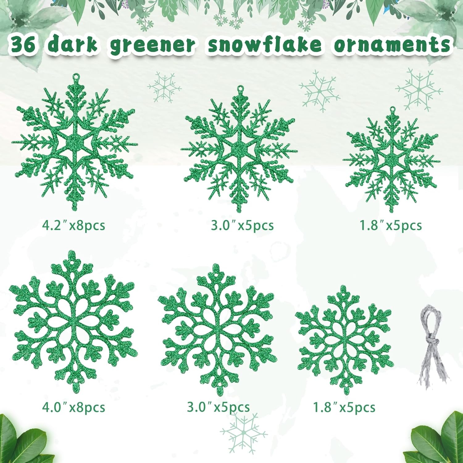 Skiennix Dark Green Christmas Snowflake Ornaments - 36Pcs Glitter Hanging Decor for Winter Wonderland