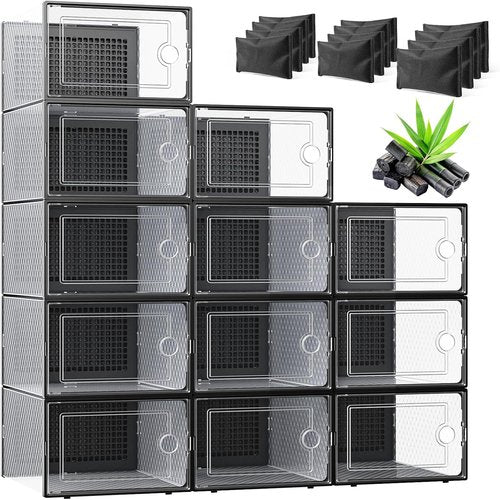 Kuject Activated Charcoal Shoe Organizer - 12 Pack XL Clear Plastic Stackable Storage Boxes | Dustproof Sneaker Display Containers for Closet & Entryway, Black
