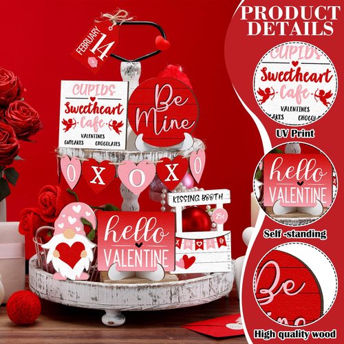 Jetec 12 Pcs Valentine's Day Tiered Tray Decor Set Heart Wood Sign XOXO Gnome Truck Rustic Farmhouse Tray Signs Table Decor for Romantic Valentine's Day Kitchen Home(Gnome with Love)