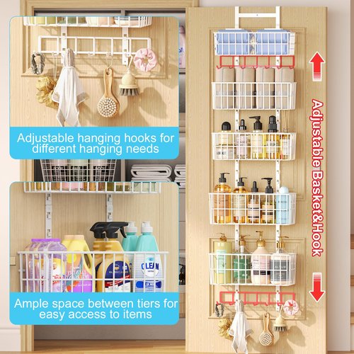 Hongtamoya Adjustable Over The Door Organizer, Metal Hanging Door Organizer with 5 Wire Basket 7 Hooks, Wall Mounted Shelf for Pantry Closet Organization and Storage, White