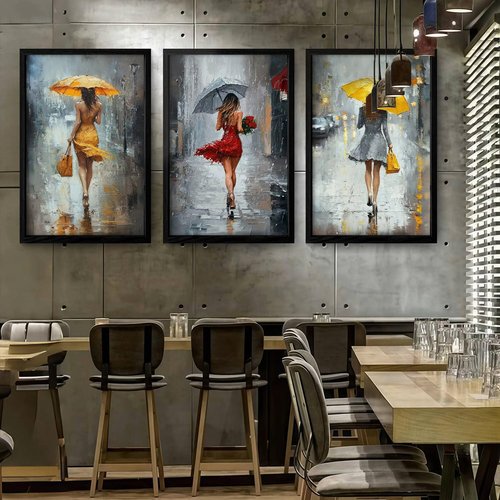 JIMUJIA Framed Canvas Art - 3-Piece Abstract Yellow & Red Umbrella City Scene | 16x24 Inch Wall Decor for Living Room, Bedroom, Office