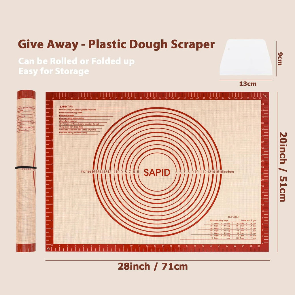 Sapid Extra Thick Silicone Pastry Mat - Non-Slip Baking Surface with Measurements | Extra Large 20" x 28" Red