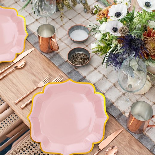 Growswally 50 Pieces Light Pink Paper Plates with Gold Foil 7 Inch Pink Scalloped Plates Disposable Dinner Plates for Birthday Weddings Baby Shower