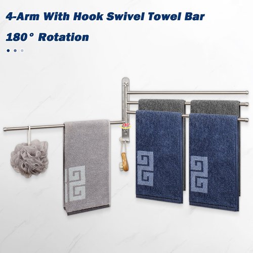 NearMoon Swivel Towel Rack, 19.5" Thicken 304 Stainless Steel 4-Arm Towel Bar, Space Saving Wall Mounted Towel Holder with Hook, Rustproof Swing Out Towel Hanger for Bathroom, Kitchen (Brushed Nickel)