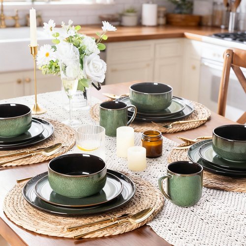 LERATIO Ceramic Dinnerware Sets for 4,Porcelain Plates and Bowls Sets,Handmade Reactive Glaze Dishes Set,Oven&Dishwasher & Microwave Safe,Service for 4