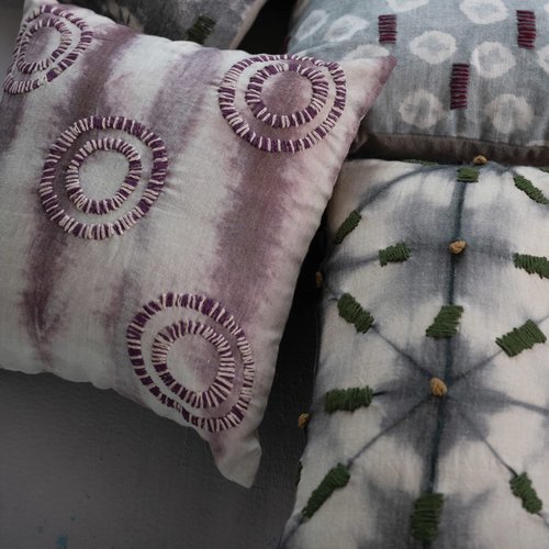 Creative Co-Op Linen Printed Lumbar Pillow with Hand-Embroidery and Chambray Back, Multicolor