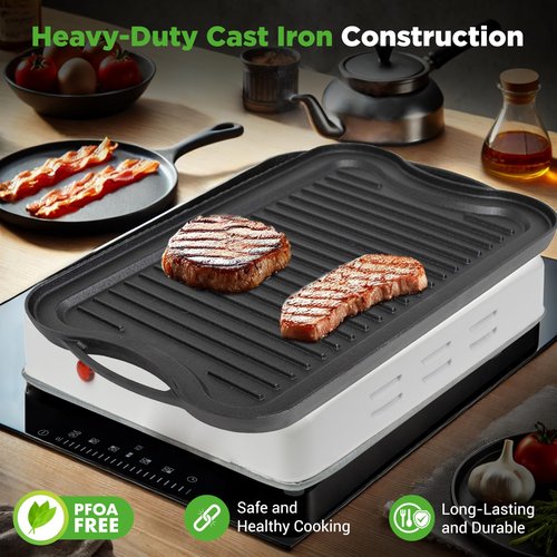 NutriChef Reversible Cast Iron Griddle Pan for Stove Top Cooking, Heavy Duty Nonstick Grill Plate with Flat & Ribbed Sides, Works as Flat Top Grill or Griddle for Gas Grill, Includes Scraper Tool