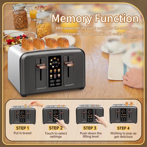 SEEDEEM Toaster 4 Slice, Stainless Toaster & Touch Control, LCD Display, 6 Bread Type, 7 Shade Settings, 1.5'' Wide Slots, Cancel/Defrost/Reheat, Removable Crumb Tray, 1800W, Dark Metallic