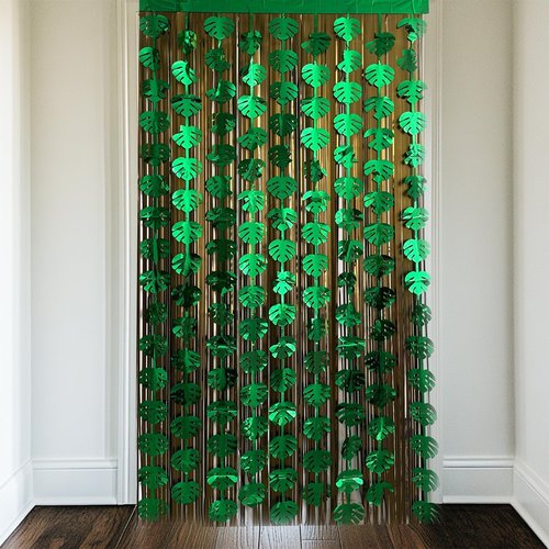 OQOQ Hawaiian Decorations Tinsel Foil Fringe Curtains (4 Pcs) - 3.3x6.6 Ft Dark Gold and Green Tropical Leaves Tinsel Curtains for Summer Jungle Aloha Luau Party Decor Photo Booth Prop Backdrop