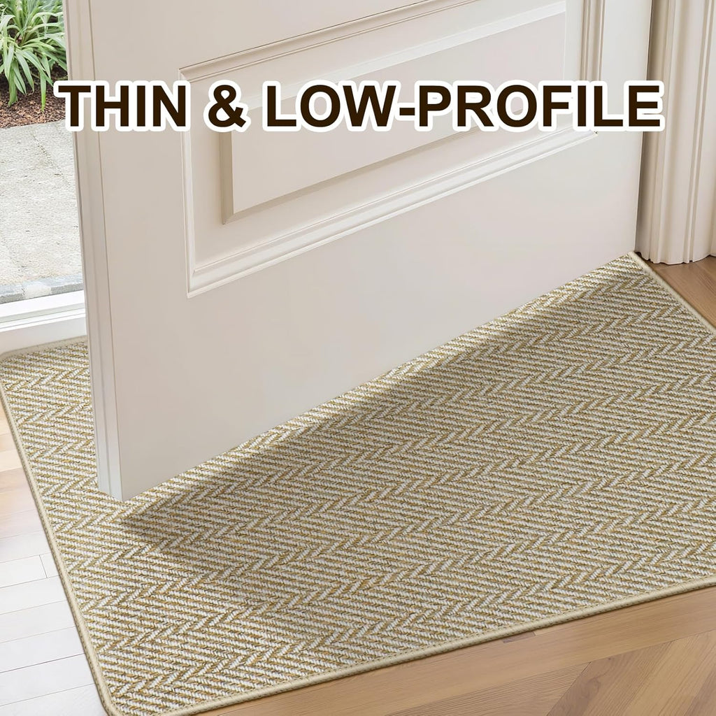 Skiennix Ultra Thin Indoor Door Mat - Non-Slip Rubber Backing | Unique Herringbone Design, 17"x29", Beige