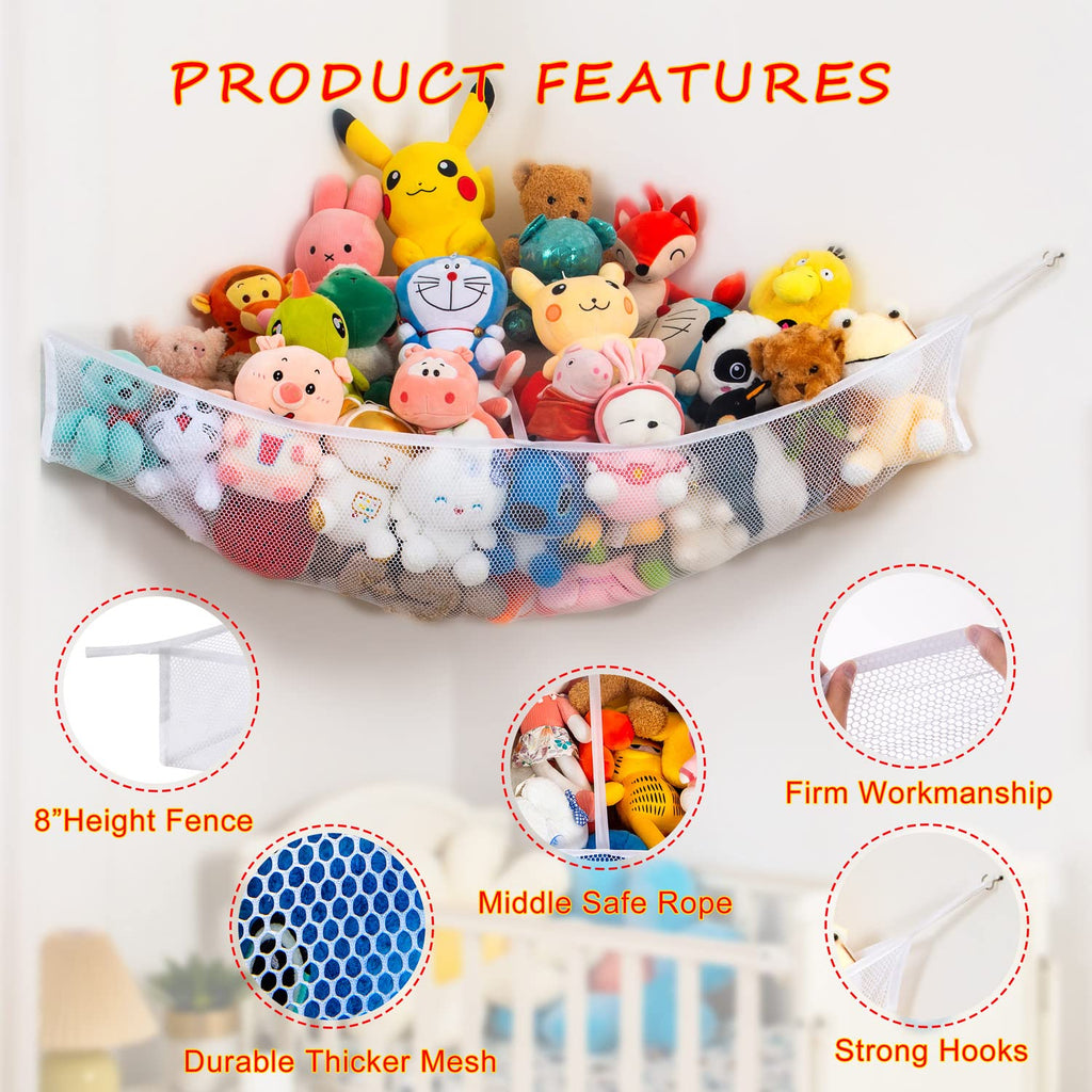 X-Large Stuffed Animal Net for Corner Storage | Fixed Shape Non-Stretch Toy Organizer, No Sag | Holds 60 Plushies, Mesh Toy Net for Teddy, Squishmallow, Kids Room (White 2 Pack)