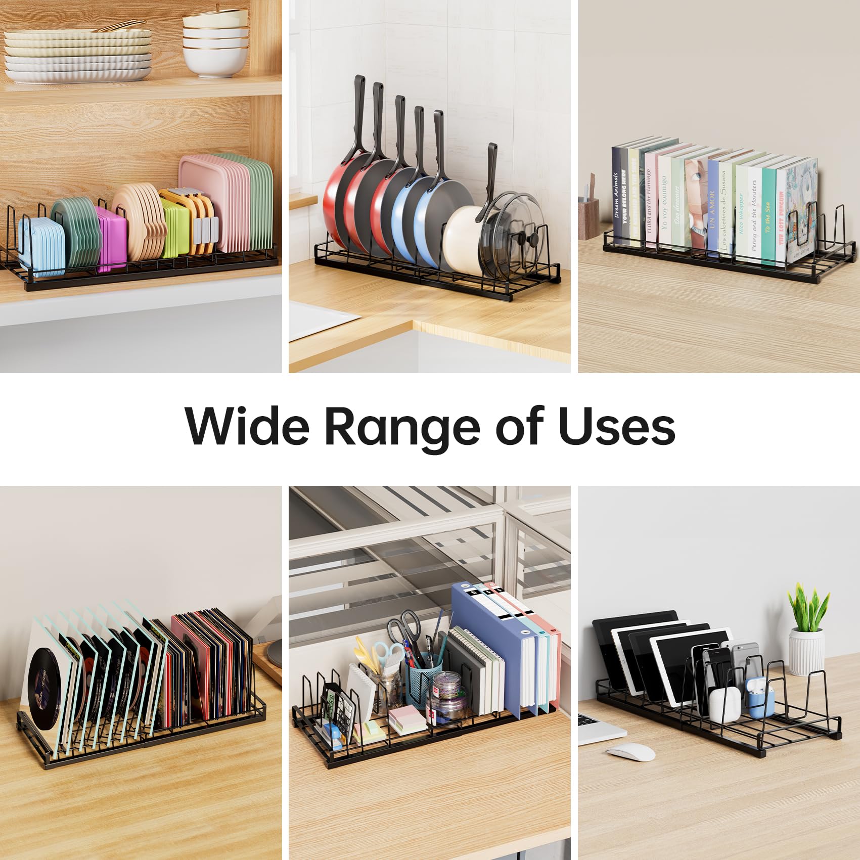 GAGUIUP Premium Adjustable Kitchen Bakeware and Pan Organizer - Food Container Lid Organizer Ideal for Cabinet, Drawers, Cupboard, Pantry Storage, Matte Black