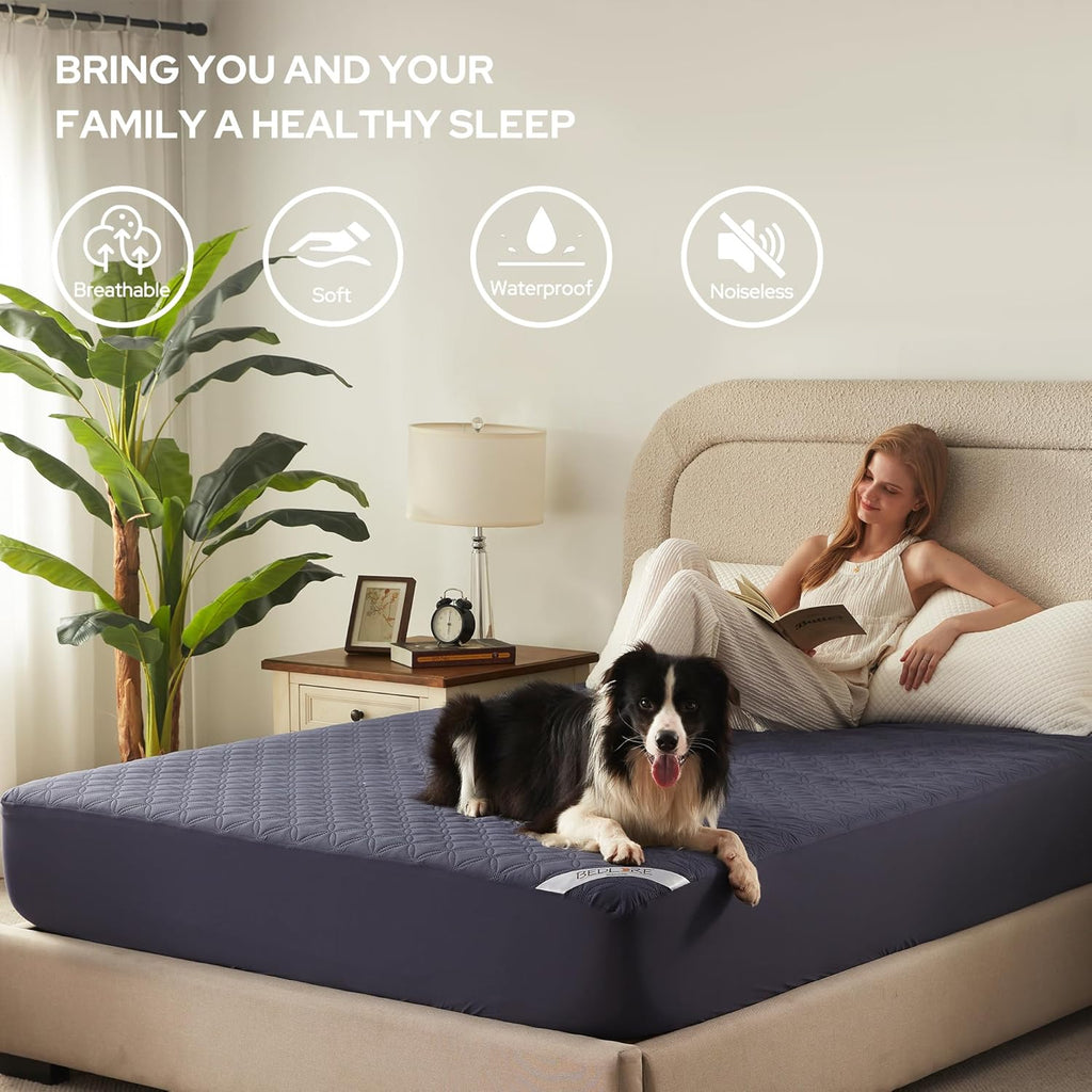 Skiennix Waterproof Mattress Protector - Noiseless Twin Size Fitted Pad with Deep Pocket | Breathable Navy Blue Cover