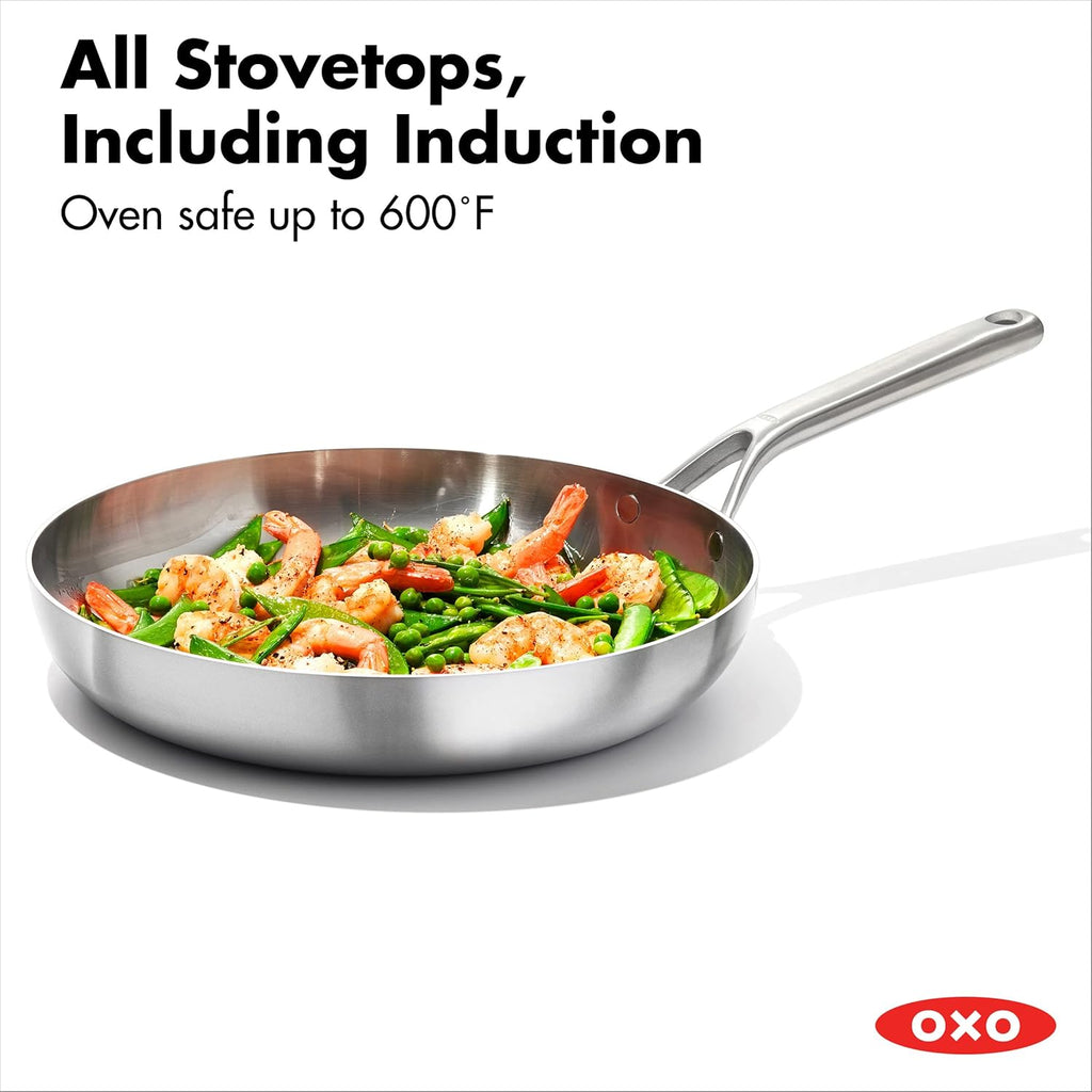 OXO Mira Tri-Ply Stainless Steel Frying Pan - 12" Induction Skillet, Dishwasher Safe, Metal Utensil Safe