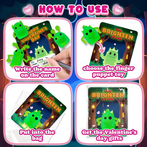 36 Packs Valentines Day Cards for Kids with Glow in The Dark Monster Finger Puppets, Valentines Day Gifts for Kids, Valentines Cards for School Classroom Exchange, Valentines Party Favors Prizes