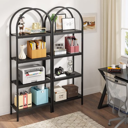 LITTLE TREE 4-Tier Arched Bookshelf, Tall Open Bookcase Storage Shelves, Wood Metal Freestanding Display Rack Tall Shelving Unit for Home Office, Bedroom, Living Room, Industrial Black