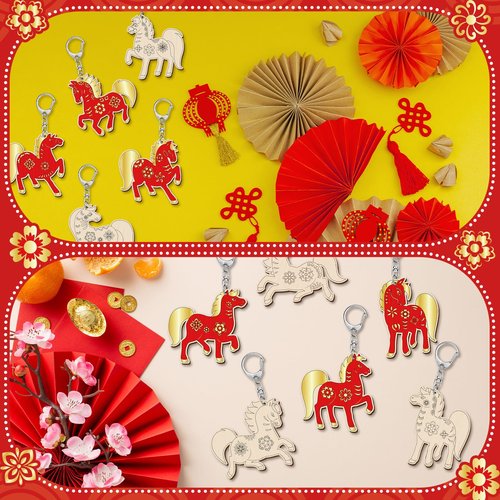 RattanView 24 Pcs Horse Craft Color Your Own Keychains Diy Craft Wooden Blank Keychains for Sunday School Classroom Home Active Party Favors Gifts, 12 Styles