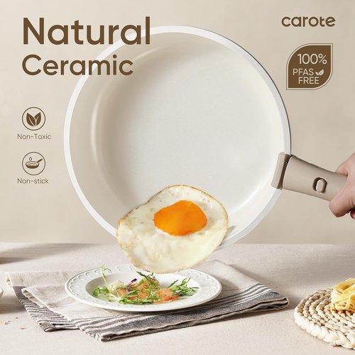CAROTE 18-Piece Ceramic Cookware Set - Induction Nonstick Pots & Pans, Dishwasher Safe, Brown