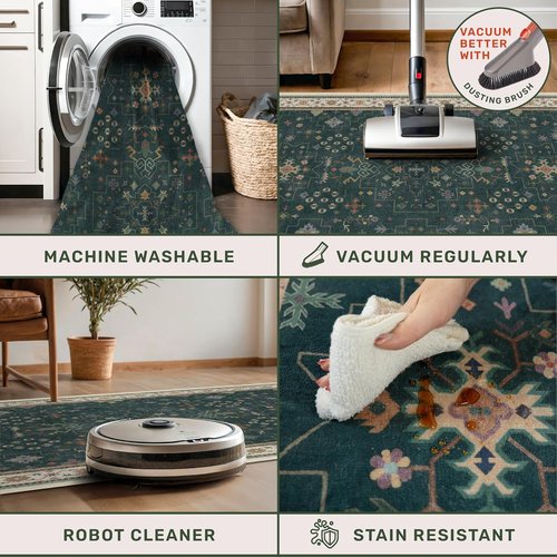Hazo Haus Dark Green Kitchen Runner Rug - Modern Vintage Boho Floral Pattern | Washable Non-Slip 2x8 ft
