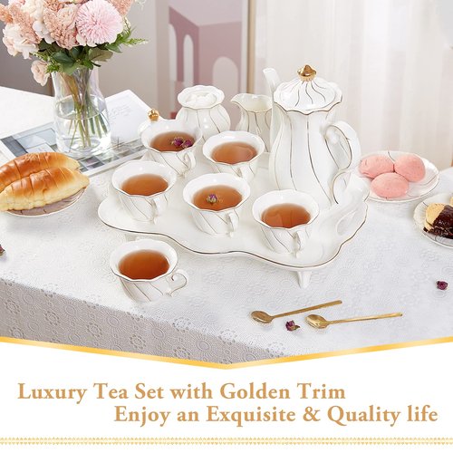 DUJUST 14 pcs Tea Set for 6 with Tea Tray & Spoons, Luxury British Style Coffee Cup Set with Golden Trim, Beautiful Porcelain Set for Living Room Decor, Tea Party Set, Gift Package - White
