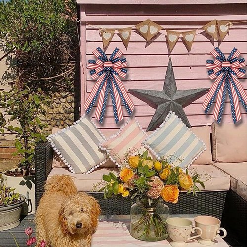 Large Patriotic Bow Wreath by [Brand Name] - 4th of July Decor with American Flag Design | Indoor/Outdoor Red & Blue Stars, 11.4x20.8''