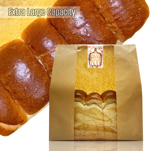 BIUBIU 16x10x5 inch Extra Large Paper Bread Bags for Homemade Bread with Window & Sticker for XL Sourdough Bread, Supersized Bread Loaf, Baked Goods, Packaging for Gifting-Brown Kraft 50Pcs