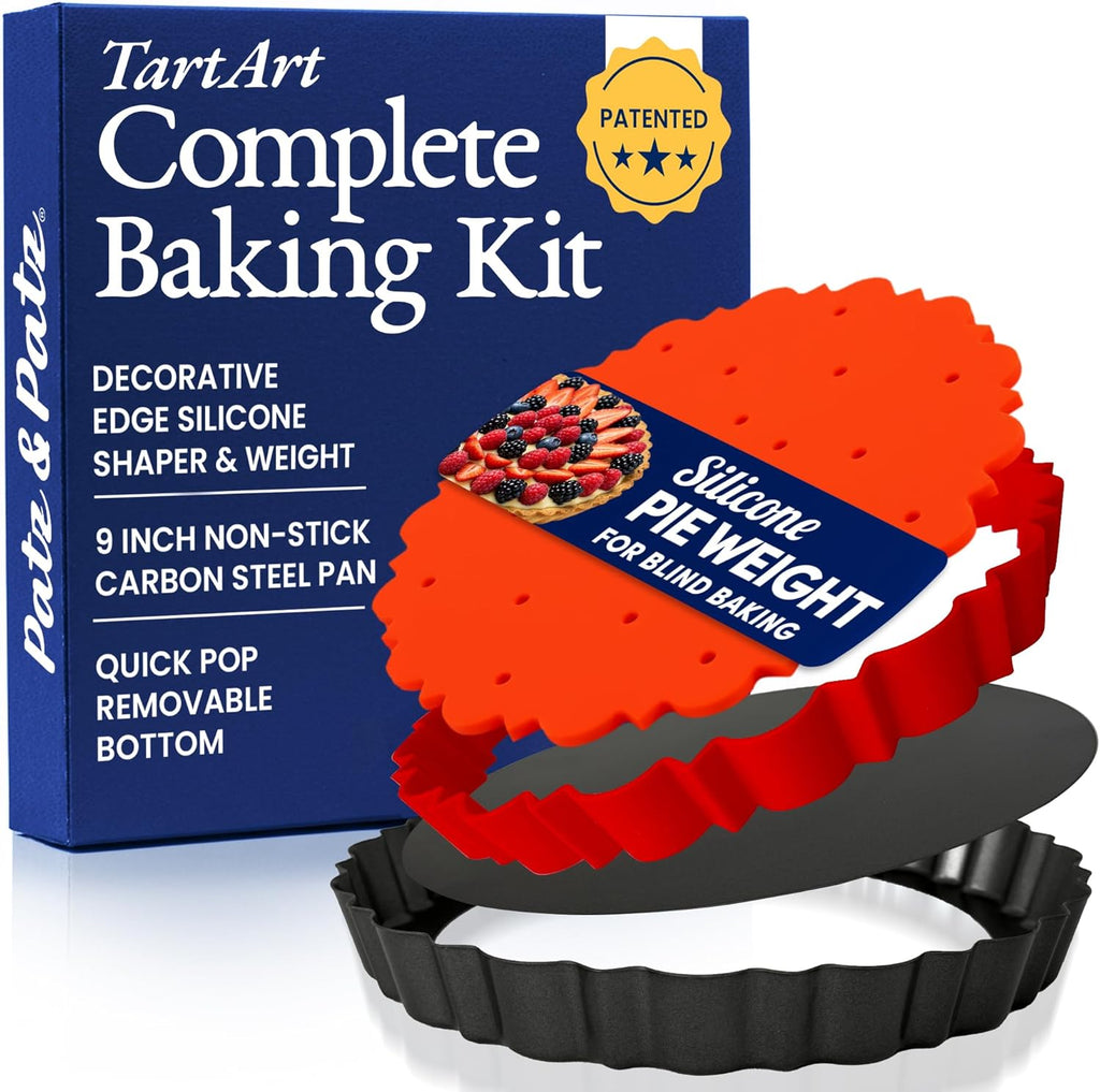 Patz&Patz 9-Inch All-in-One Fluted Tart Pan Set - Removable Bottom, Silicone Crust Shaper & Pie Weight | Nonstick Carbon Steel, PFOA & PTFE-Free