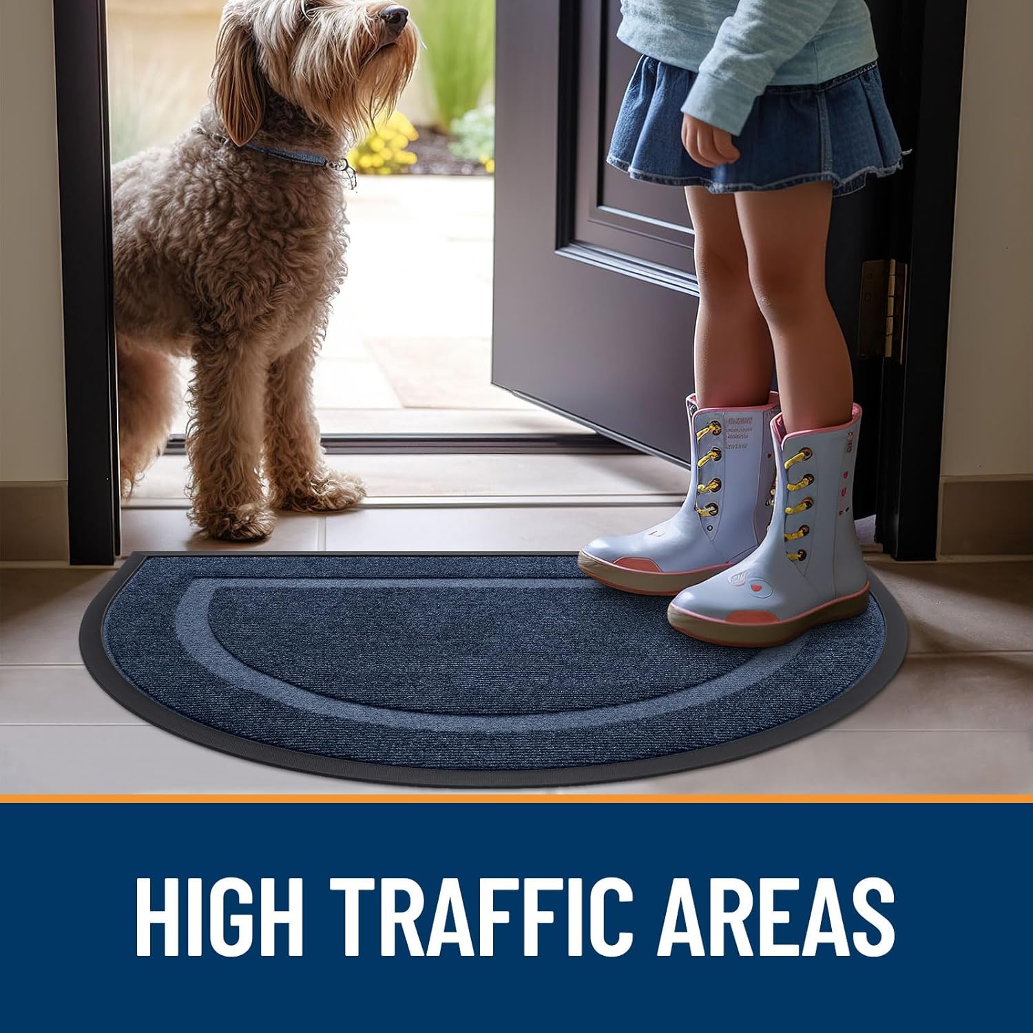 OLANLY Half Circle Door Mat - Waterproof All-Season Doormat for Indoor/Outdoor Use | 47x23, Blue