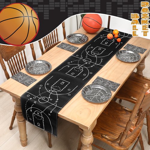 Remagr 2 Pcs Basketball Table Runner Black Tactical Instruction Printed Basketball Birthday Party Decoration Sport Ball Themed Tablecloth Party Supplies for Table Kitchen Dining Room Home Island Decor