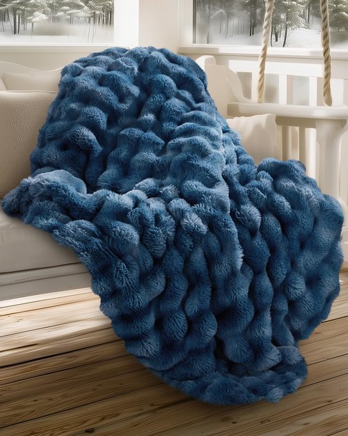 blunique Ultra Soft Cozy Faux Fur Throw Blanket, Fuzzy Plush Thick Bubble Blanket, Oversize Luxury Fluffy Blanket for Couch, Sofa, Bedroom, and Living Room,50x60 Inches,Blue