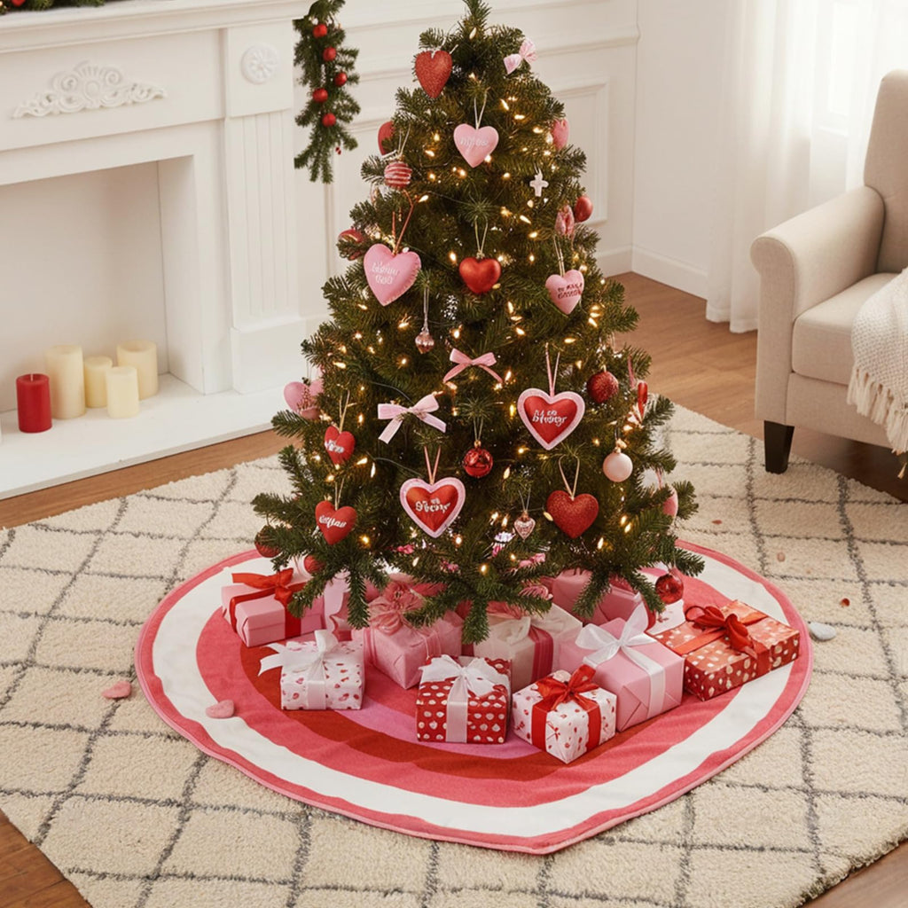 QIONG MENG Valentines Heart Tree Skirt Valentine‘s Day Tree Mat Decorations Valentine's Day 48 Inch Pink Decor for Home