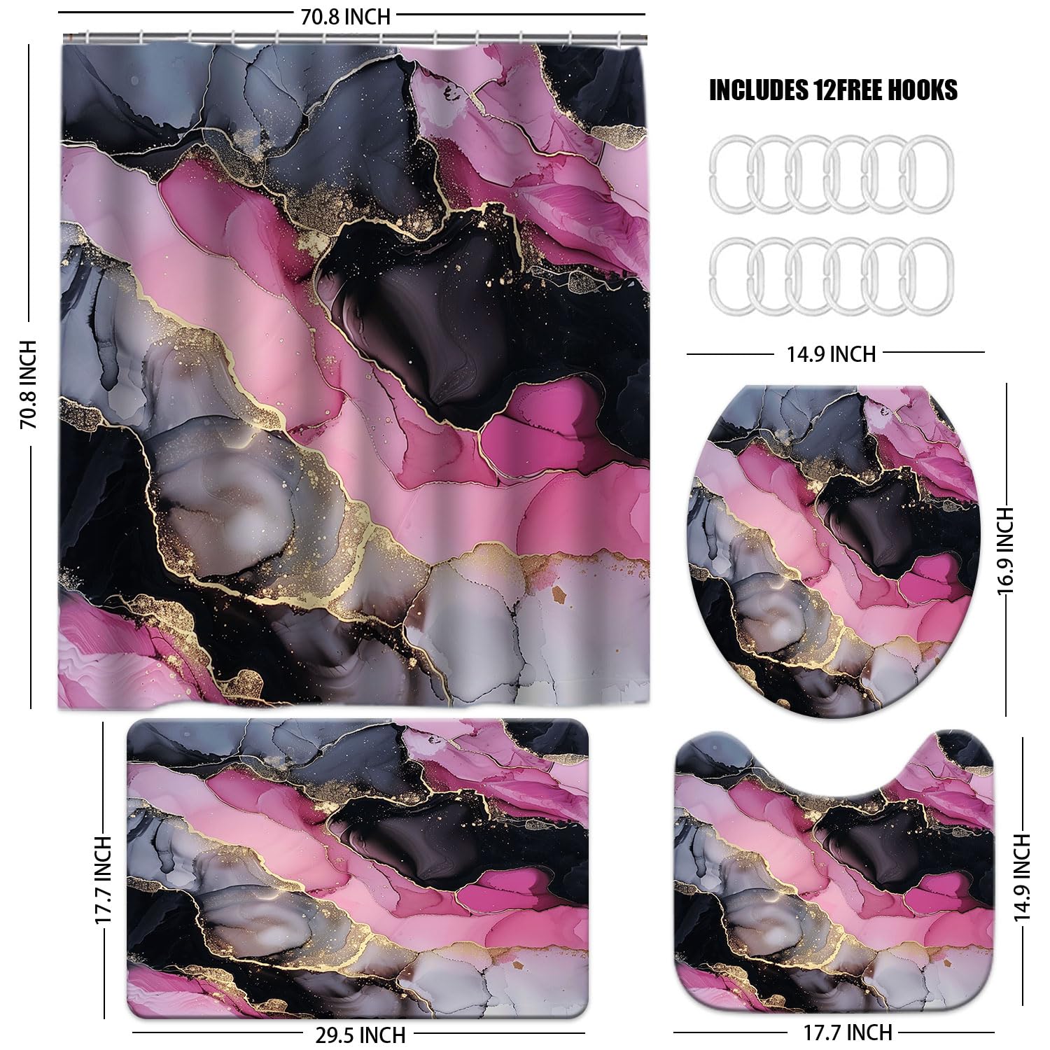 Pink and Black Shower Curtain Sets for Bathroom Decor Abstract Pink Gold Shower Curtain and Rugs 4 Pcs, Waterproof Modern Marble Texture Bath Mat Carpet Guest Toilet Restroom Bathroom Accessories