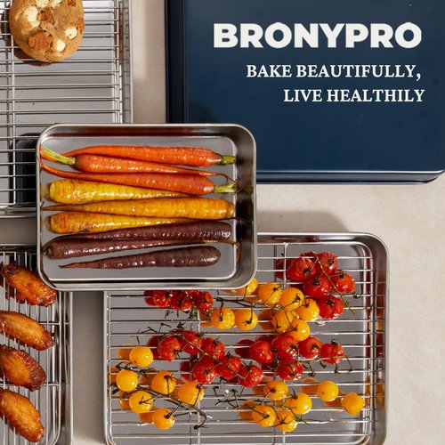 BRONYPRO Stainless Steel Baking Sheet Pan Set of 3, Cookie Sheets 9/12/16 In, Non-Toxic Uncoated Interior (PFOA & PTFE Free), Solid Warp-Resistant Cooking Trays for Oven & Toaster, Gray Exterior