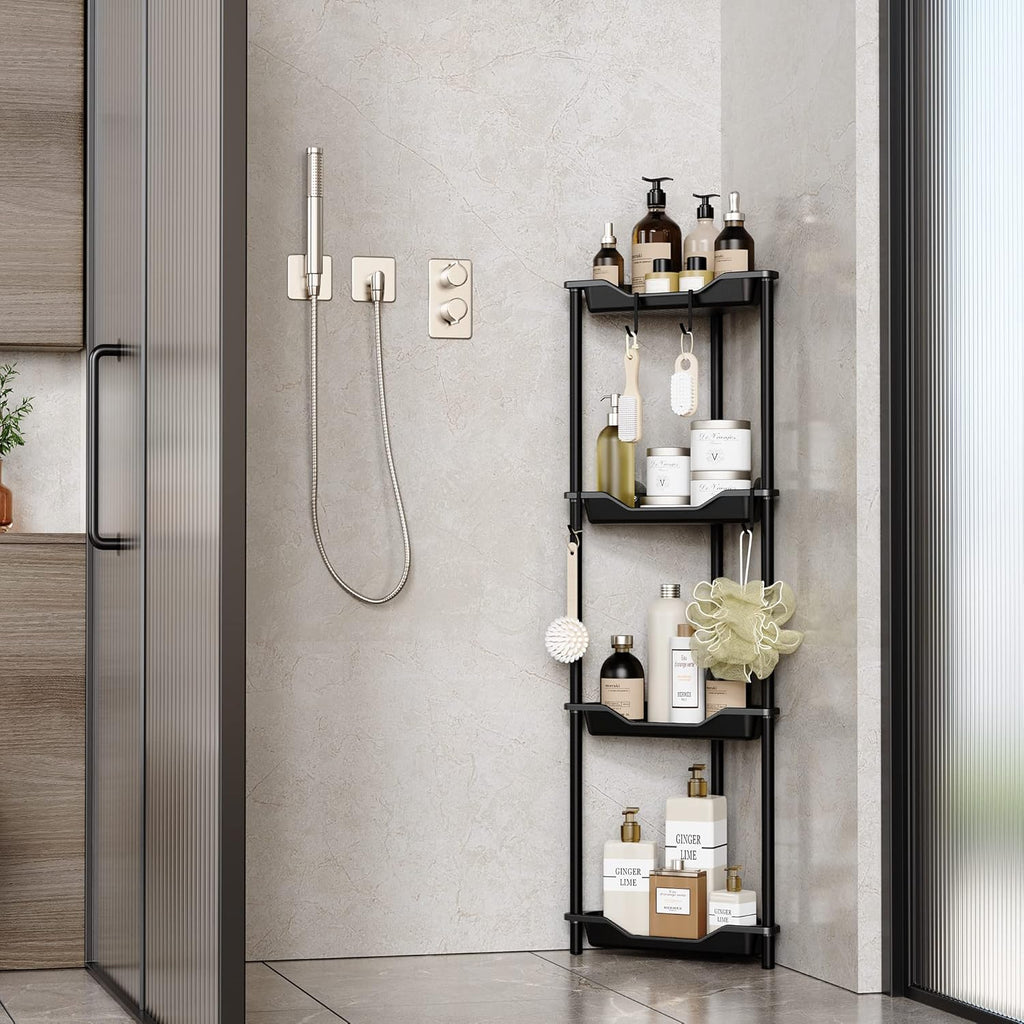 Orimade 4-Tier Rustproof Corner Shower Caddy Organizer - Durable Plastic & Metal, 10.8 x 10.8 x 44.6 Inches, Black