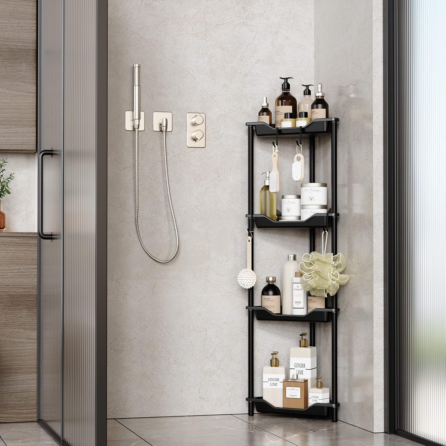 Orimade 4-Tier Rustproof Corner Shower Caddy Organizer - Durable Plastic & Metal, 10.8 x 10.8 x 44.6 Inches, Black