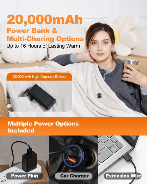 MIMYTH Cordless Heated Blanket with Hood, Rechargeable Wearable Heated Blanket Battery Powered with Lasting Battery, Portable Heated Throw Blanket with 9 Heating Zones & 3 Levels Adjustable, Camping